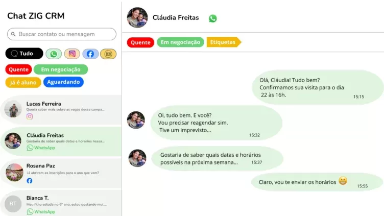 ZIG CRM com chat integrado para WhatsApp, Instagram, Facebook e e-mail